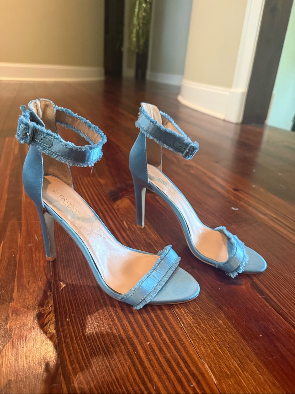 Sky Blue Frayed Ankle-Strap Stiletto Sandals